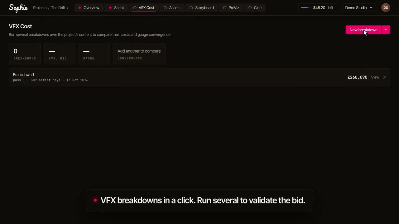 Sophie's VFX Cost screen: a finished breakdown listed with its artist-days and net total, and a button to run another pass to compare