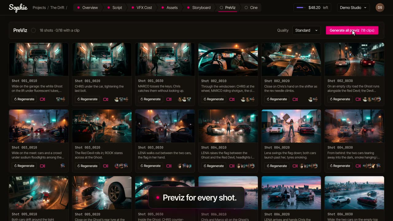 Sophie's PreViz screen: the storyboard frames of a scene with a Generate button to make a clip for each shot
